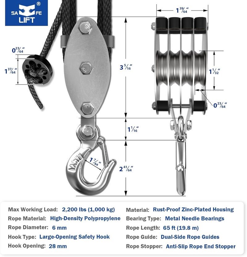 SALIFTFE Block and Tackle Pulley System, Upgraded 4-Wheel Rope Hoist with Dual Guide Wheels & Wide-Opening Hooks, 8:1 Lifting Power, 2200LB Max Load, 65FT x 1/4" Rope for Garage, Hunting, Lifting - Image 2